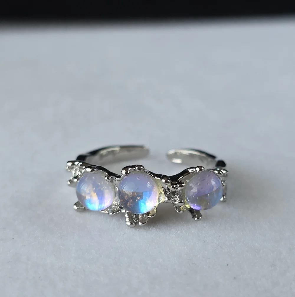 Triple Opalite Orb Moonlight Celestial Open Back Ring Faux Moonstone Opal Size 5